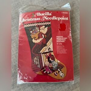 COPY - COPY - NEW Vtg Bucilla Santa On Banister Painted Christmas Needlepoint S…